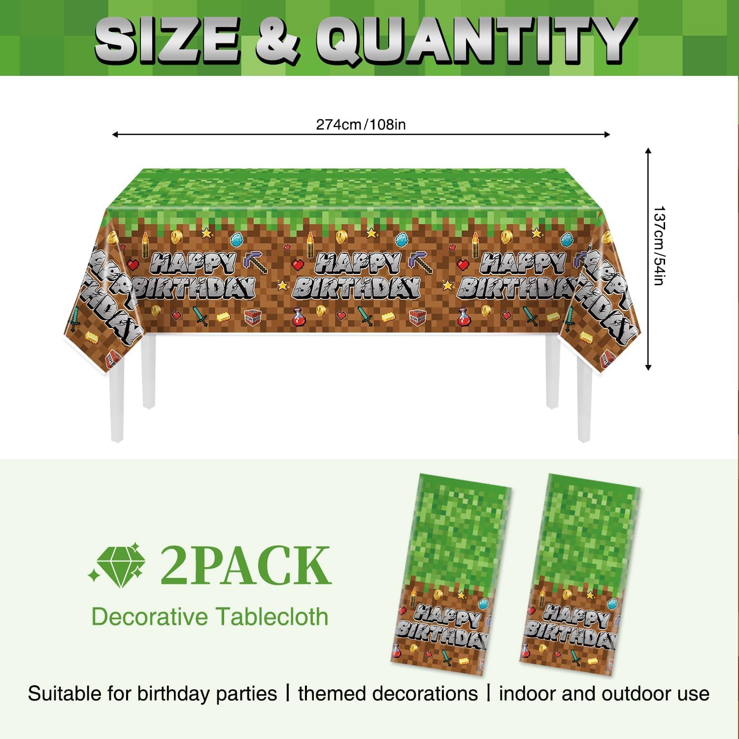 HALUNHL Pixel Birthday Party Decorations Tablecloth, Large 108" X 54" Popular Game Theme Birthday Table Cover for Big Fans, Pixel Party Supplies Table Cloth for Home