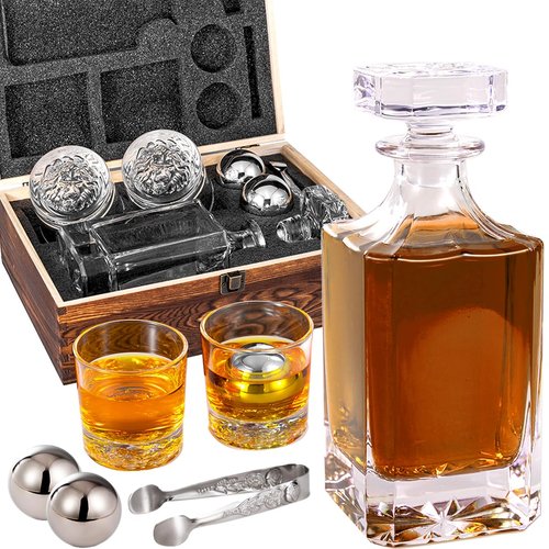 Whiskey Decanter Set with Wooden Box, Lion Whiskey Glasses 10 oz and 25 oz Bourbon Decanter Set with 18/10 Stainless Steel Whiskey Stones, Tongs, Whiskey Gifts for Men Husband Dad Wedding