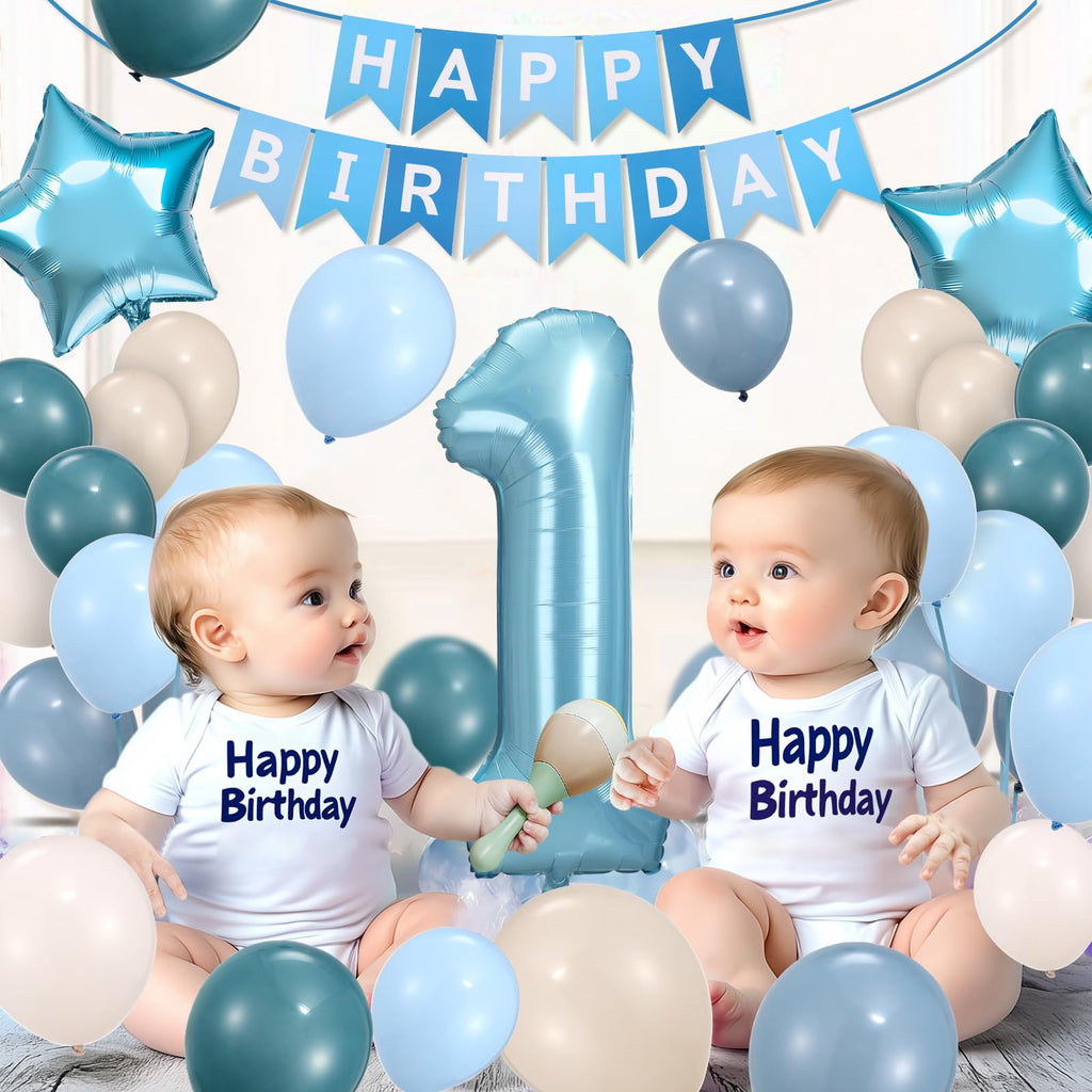 HEDUPT 1st Birthday Decorations Boy, First Birthday Decorations for Boy with Happy Birthday Banner, 40inch 1 Balloon Number, Dusty Blue Balloons, Baby One Year Old Birthday Party Decor