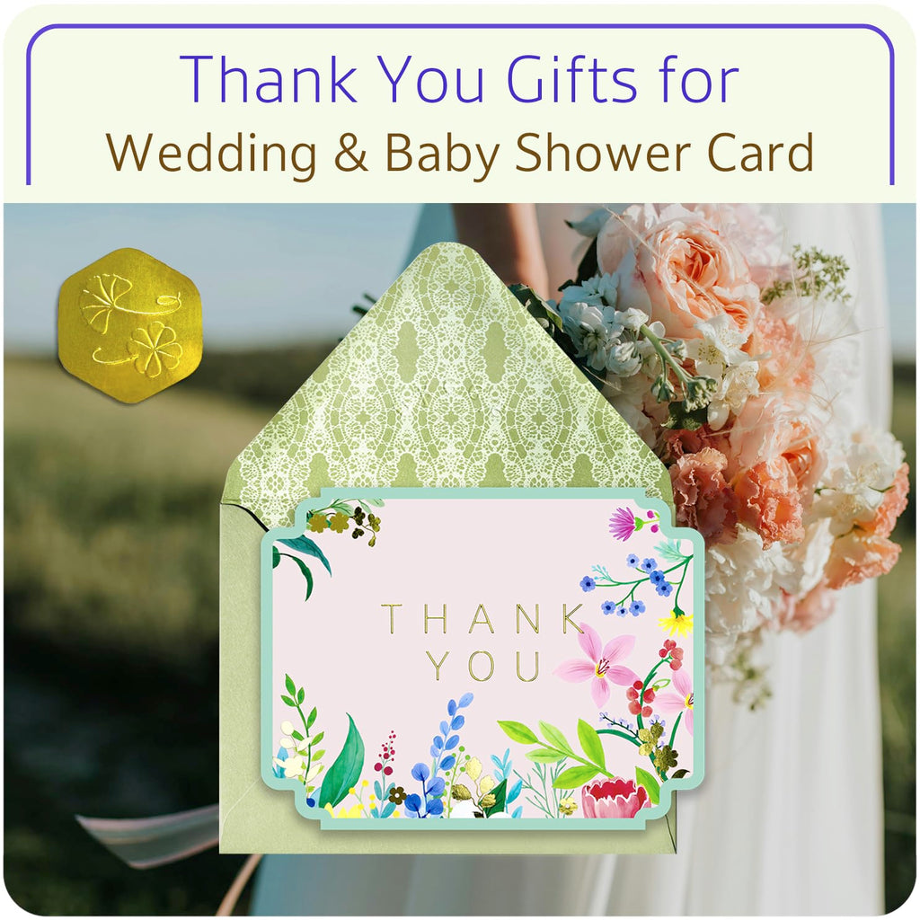 ukee's Thank You Cards with Envelopes 100-Pack, Gold Foil Floral, Thank You Notes w/Sage Green Envelopes & Stickers, Blank Inside for Baby Shower, Wedding, Graduation, Small Business, 4.25" x 5.5"