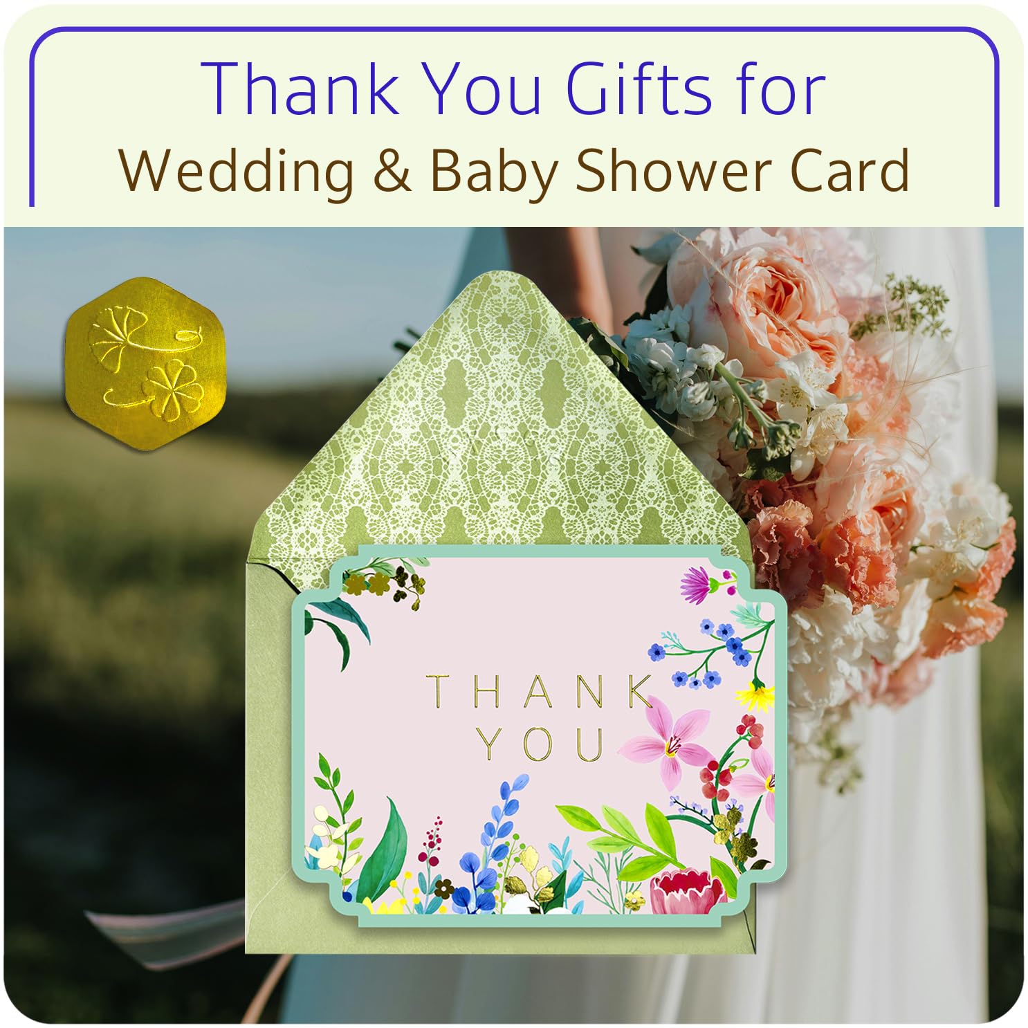 ukee's Thank You Cards with Envelopes 100-Pack, Gold Foil Floral, Thank You Notes w/Sage Green Envelopes & Stickers, Blank Inside for Baby Shower, Wedding, Graduation, Small Business, 4.25" x 5.5"