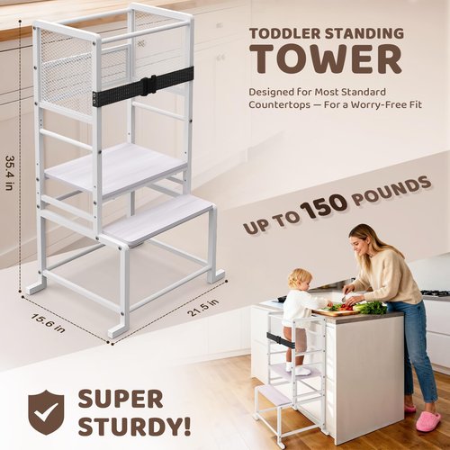 Toddler Kitchen Step Stool Adjustable Height Learning Standing Tower with Safety Feet, Steel Wood Kitchen Stool Helper for Kids, 1-3 Year Old Boy Girl Gifts