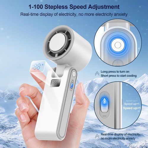 Betunich Portable Handheld Fan, (1-100) Speed Adjustable 3000mAH Rechargeable Personal Air Turbo Fan with Cooling Tech for Outdoor Activities/Travel/Working (White-Grey)