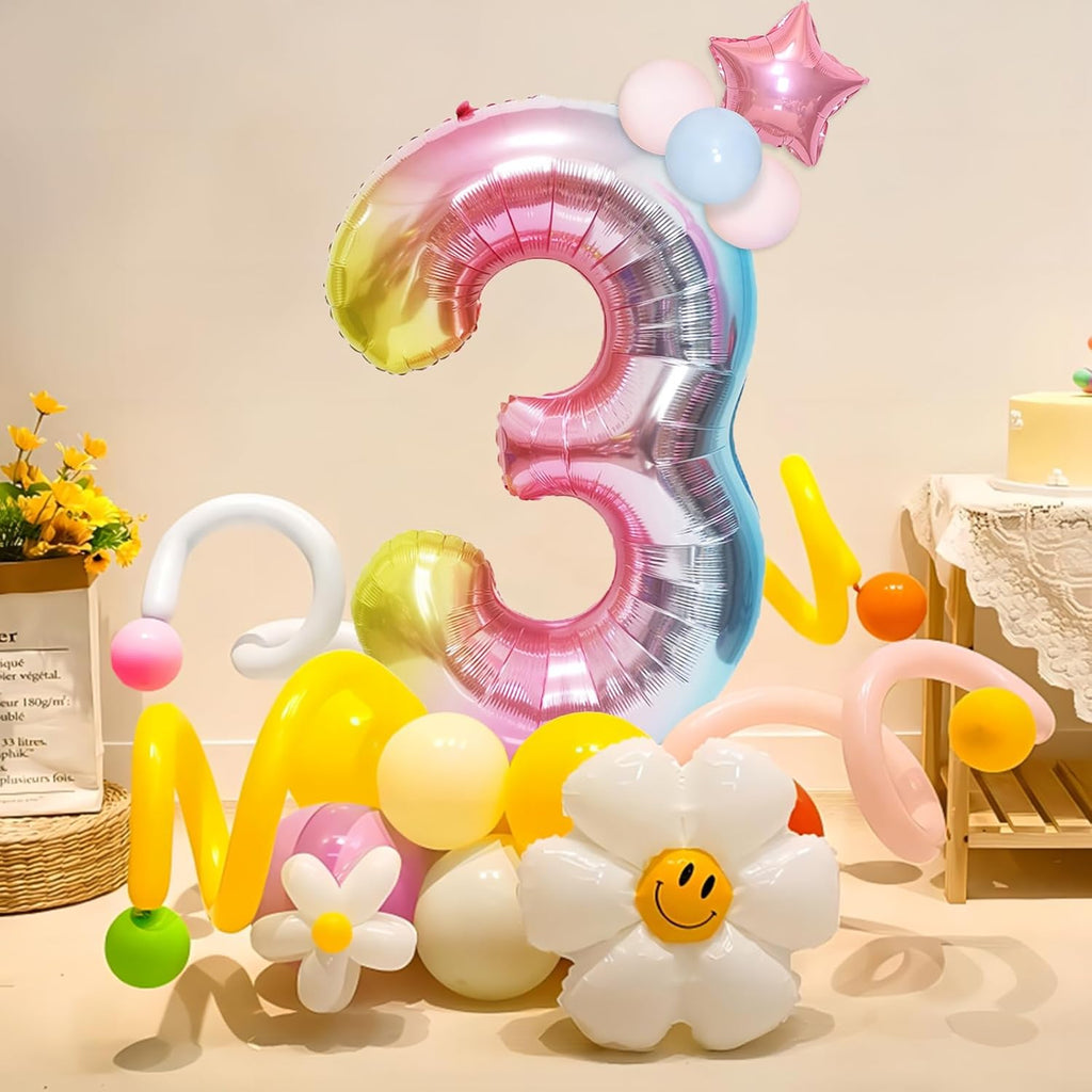 Skiennix 40-Inch Giant Rainbow Number 3 Balloon - Helium Mylar Foil for Birthday & Baby Shower Decor