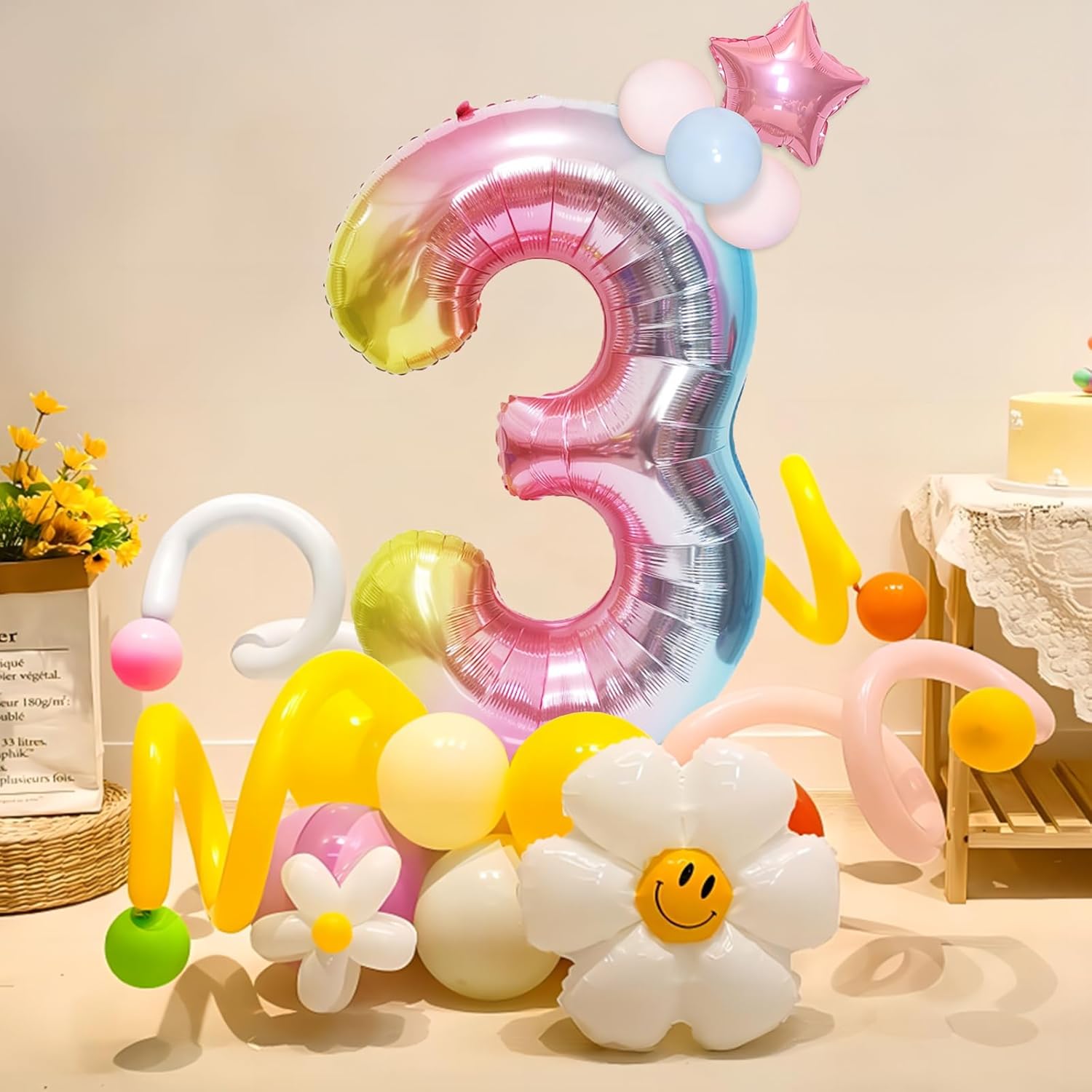 Skiennix 40-Inch Giant Rainbow Number 3 Balloon - Helium Mylar Foil for Birthday & Baby Shower Decor