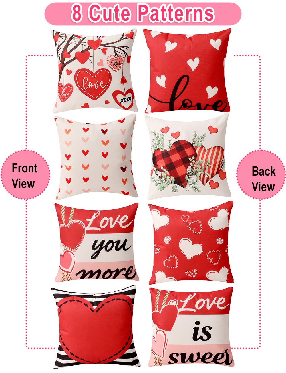 multiwins Valentine Decorations Set of 4 Double-Sided Valentine's Day Throw Pillow Covers 18" x 18", Reversible 8 Designs, with 16 pcs Heart & Love Balloons, Stickers, Complete Valentines Decor Kit