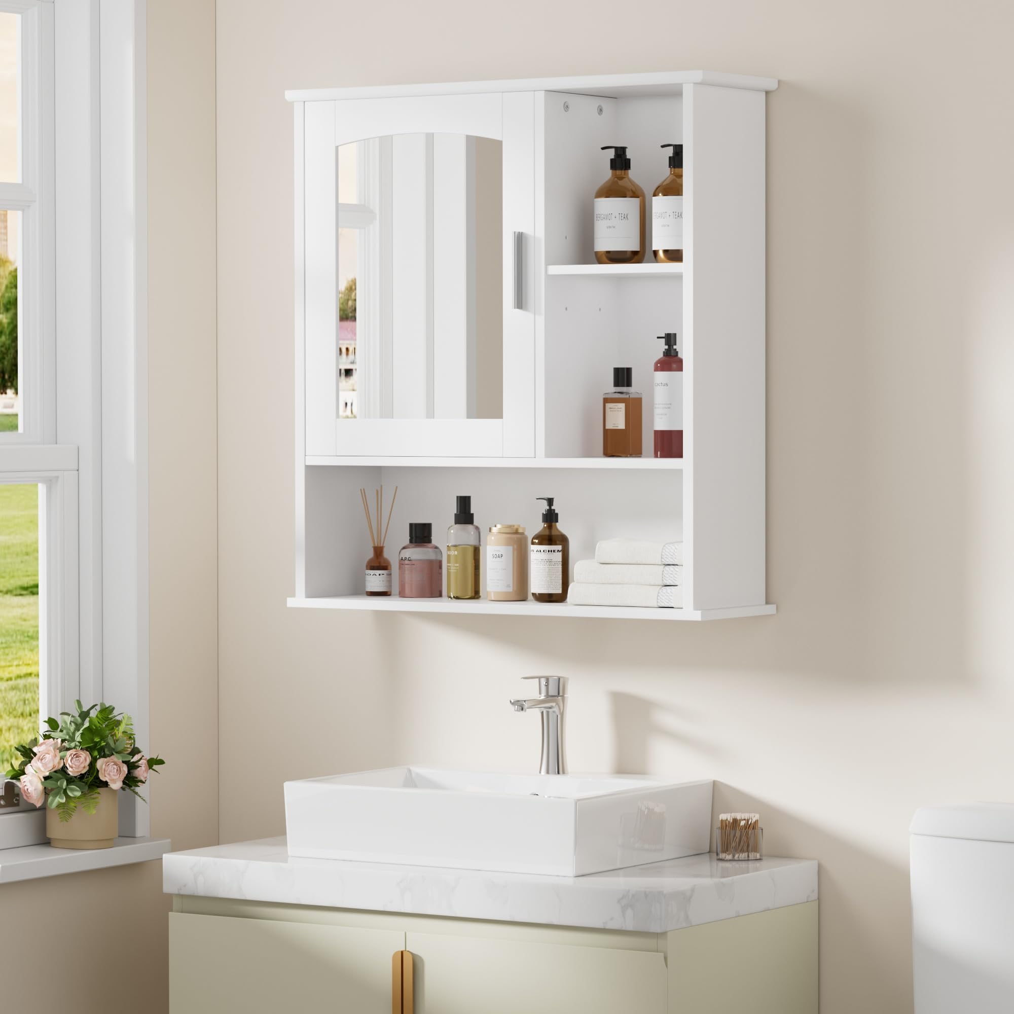 VECELO Bathroom Wall Cabinet with Mirror, Wall Mounted Medicine Cabinets with Door and 3 Open Shelves, Adjustable Shelf, 16.8 x 22.5 x 7.2 Inches, White