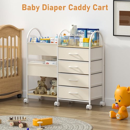 ONWAYHOME Baby Organizer and Storage Cart, 4-Tier Rolling Utility Cart with Wheels, Dividers and Drawers, Easy to Assemble for Nursery, Bedroom & Changing Table, White