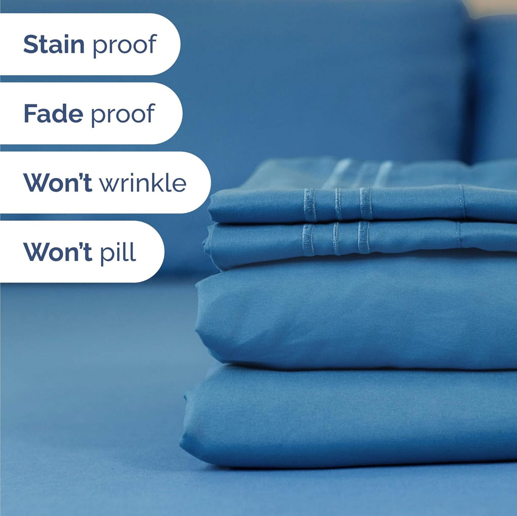 Skiennix Twin Size 3-Piece Sheet Set | Comfy, Breathable & Cooling Bedding - Deep Pockets, Denim Blue