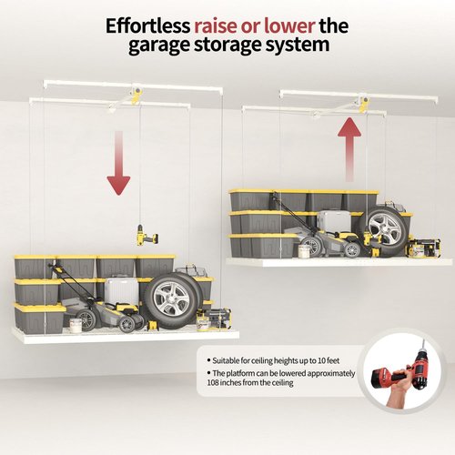 Garage Ceiling Storage Racks - Heavy-Duty 4x8 FT Overhead Rack with Safety Lock | 325 lbs Capacity