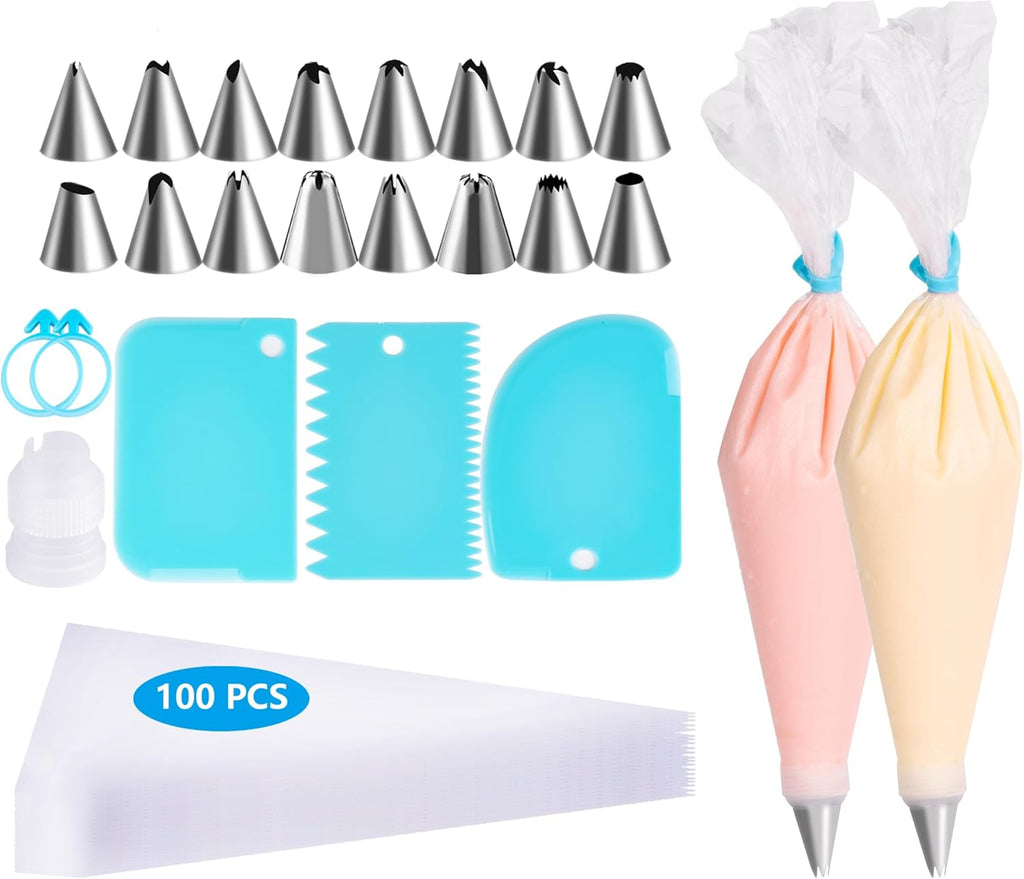 Skiennix Piping Bags and Tips Set - 100pcs Pastry Decorating Kit with 16 Tips & 3 Scrapers | 12 Inch