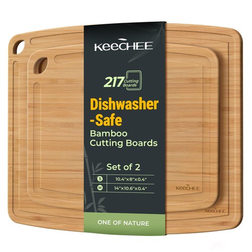 Keechee Dishwasher Safe Bamboo Cutting Boards Durable Lightweight Wood Cutting Board for Busy Kitchen, Easy Storage & Clean Wooden Chopping Boards with Juice Groove Set of 2 (M+S)