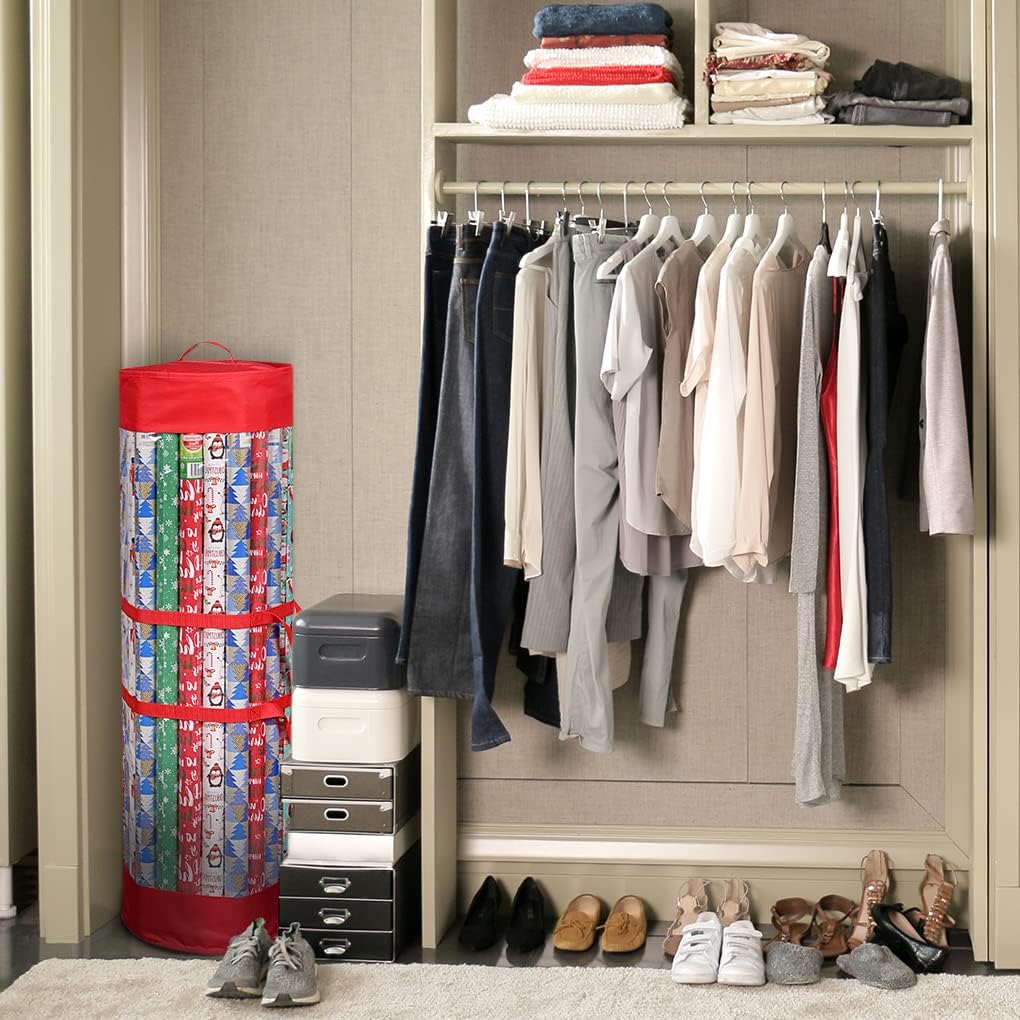 ProPik Gift Wrap Organizer - Heavy-Duty Wrapping Paper Storage Bag | Holds 24 Rolls, 40 Inch Long, Red & Clear