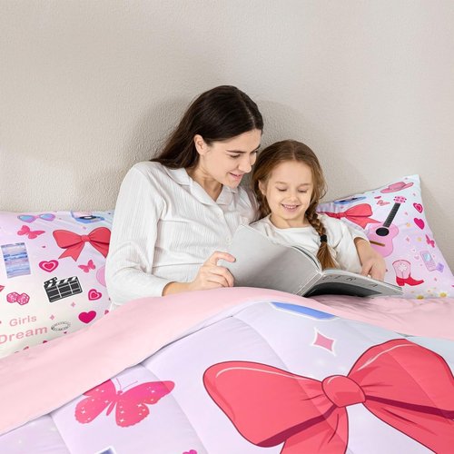Erosebridal Music Themed Full Bedding Set,Guitar Singer Vinyl Record Comforter Set for Girls Kids,Pink Disco Ball Quilt Bed Set Red Bow Butterfly Bedding Comforter Sets,2 Pillowcases Room Decor