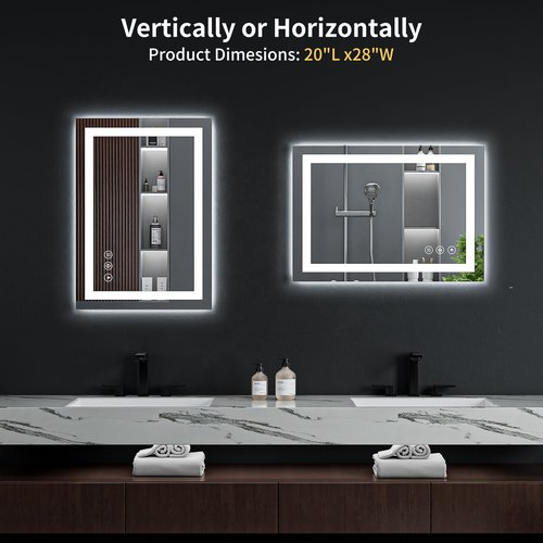 28"x20" LED Bathroom Mirror with Lights, Backlit + Front Lit with CRI>90, Lighted Mirror for Bathroom, Anti-Fog, Dimmable Brightness, 3 Colors, Memory Function, Shatterproof Tempered Glass