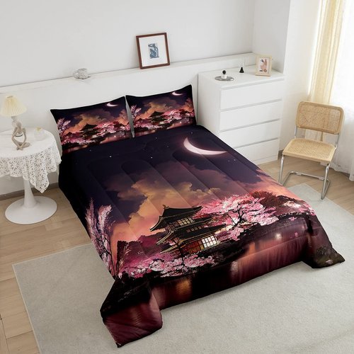 Homewish Japanese Style Comforter Set Queen Size Moon Cherry Blossom Bedding 3pcs Romantic Night Sky Scenery Quilt,Room Decor Exotic Pink Duvet Insert,2 Pillowcases ZZRS896ZMD-BZ_USq