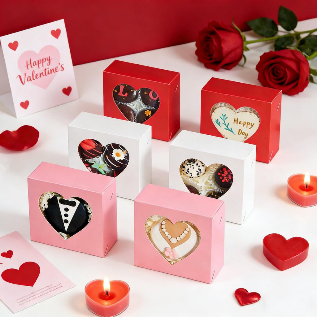 SLShePack 48Pack 4x4x2 Bakery Treat boxes with Heart Shaped Window Cookies Boxes Mini Baking Boxes for Cake Pie Cinnamon Roll Treat Chocolate Truffle Valentine's Day Favor