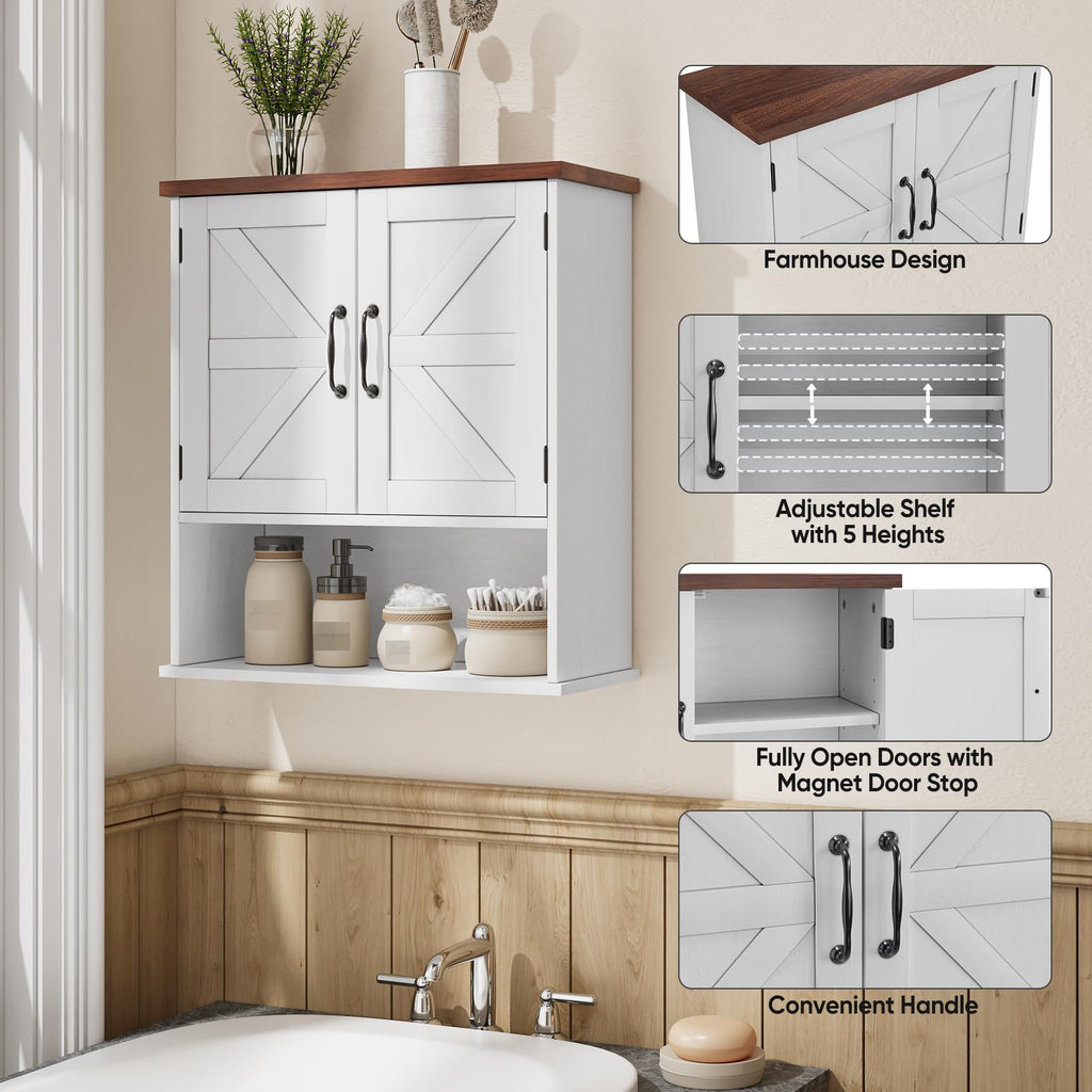 Mino Kesper Bathroom Wall Cabinet with Barn Doors, Wall Mounted Bathroom Cabinet, Farmhouse Style, Adjustable Shelf, Wall Mounted Medicine Cabinets, White