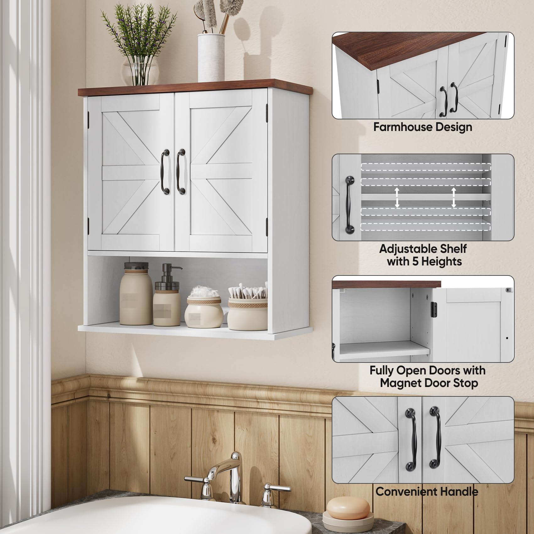 Mino Kesper Bathroom Wall Cabinet with Barn Doors, Wall Mounted Bathroom Cabinet, Farmhouse Style, Adjustable Shelf, Wall Mounted Medicine Cabinets, White