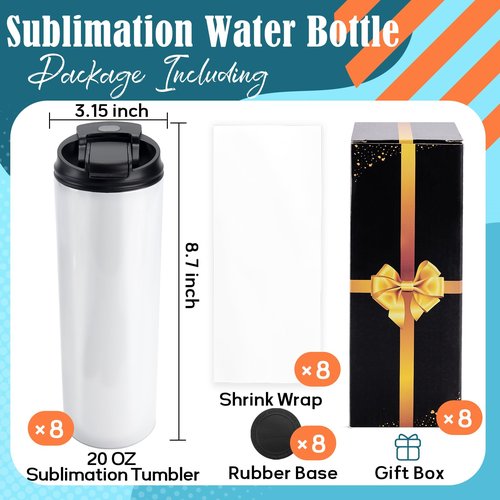 Joyclub 8 Pack Sublimation Water Bottle Blanks Dual Opening 20 oz Sublimation Tumblers with Leakproof Lid and Straw Insulated Stainless Steel Sports Cups