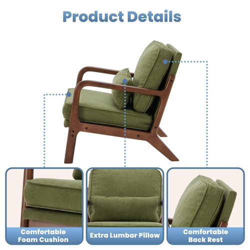 DUMOS Mid Century Accent Chair, Modern Living Room Chairs with Arms and Waist Cushion, Reading Chairs for Adults, Lounge Chair for Bedroom, Solid Wooden Frame, Classic Green
