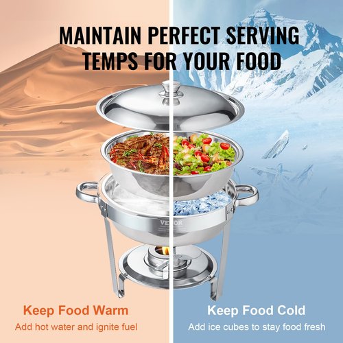 VEVOR Chafing Dish Buffet Set, 5 Qt 4 Pack, Stainless Steel Chafer with Full Size Pan, Round Catering Warmer Server with Lid Water Pan Stand Fuel Holder Cover Holder Spoon, for at Least 6 People Each
