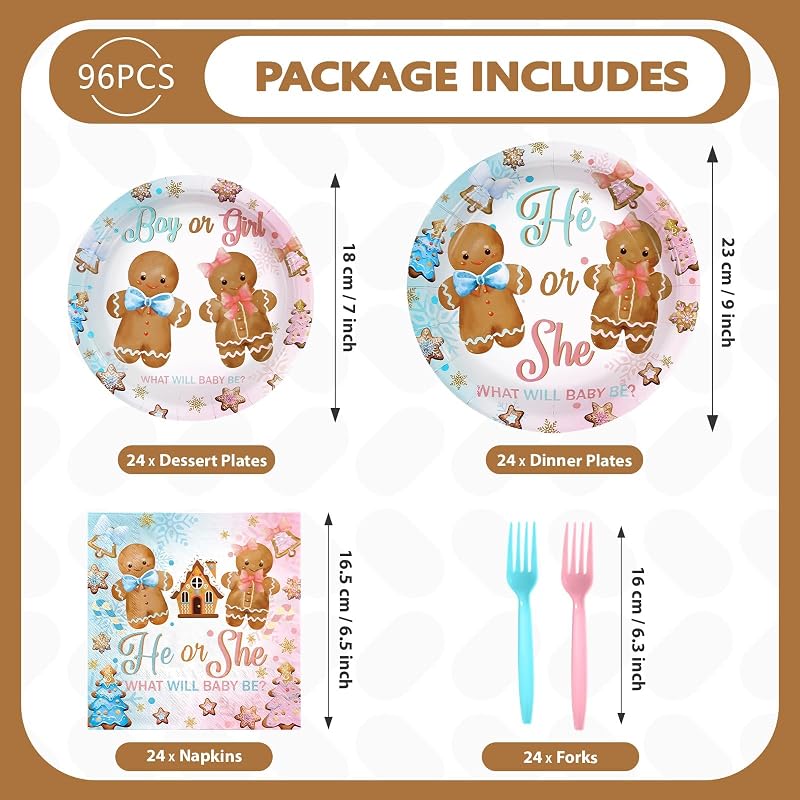 96Pcs Gingerbread Gender Reveal Party Tableware Kit – He or She Plates, Napkins & Forks, 24 Serves