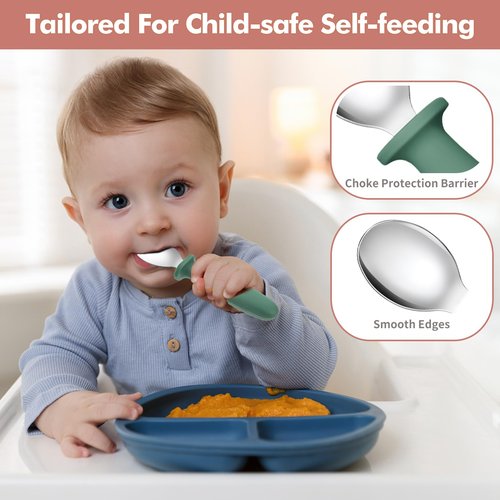 DRKIO 8 PCS Toddler Spoons Set - Baby Spoons with Silicone Handle Children safe 18/8 Stainless Steel Toddler Utensils Set for Self Feeding Kids Silverware Anti-Choke Design Food Grade Dishwasher Safe