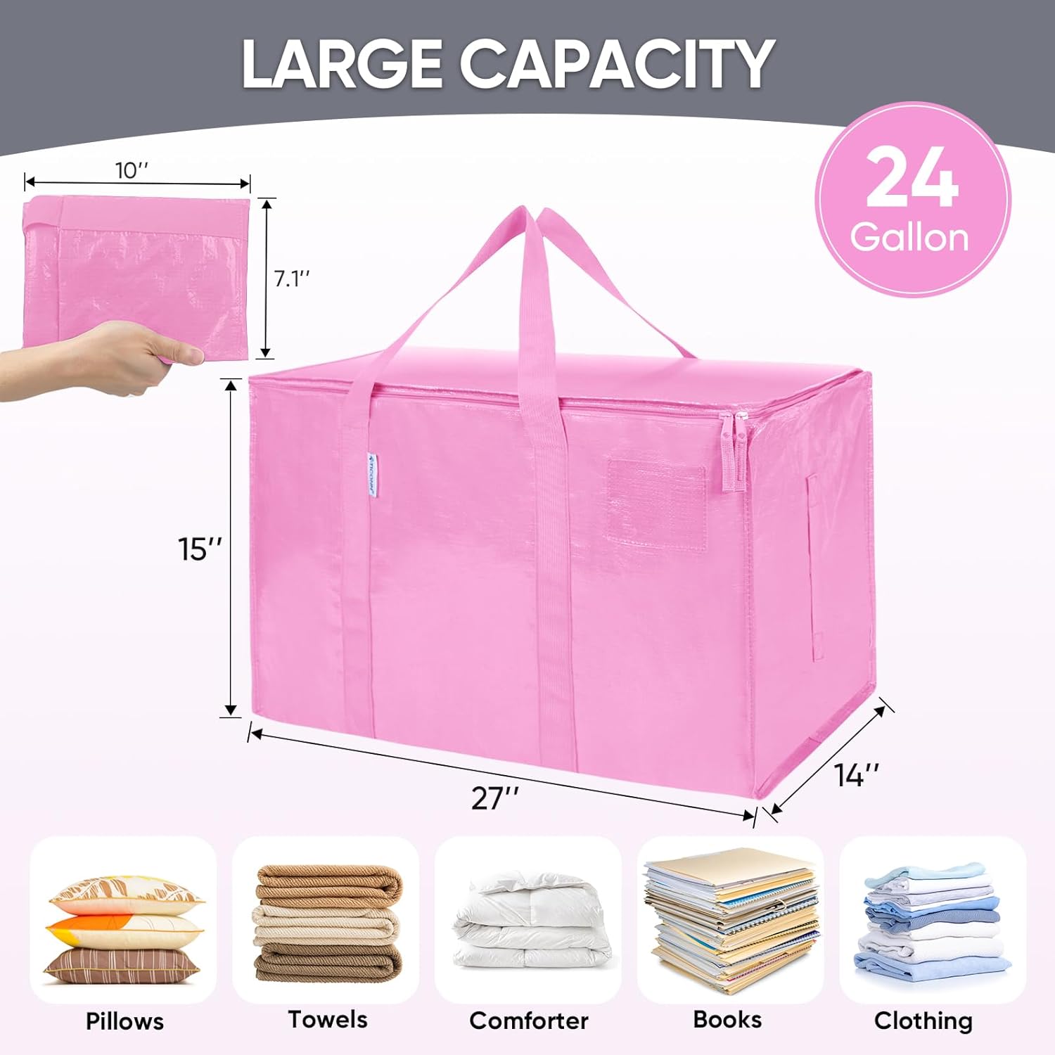 TICONN Extra Large Moving Bags - Heavy Duty Storage with Zippers & Handles | 6 Pack, Pink