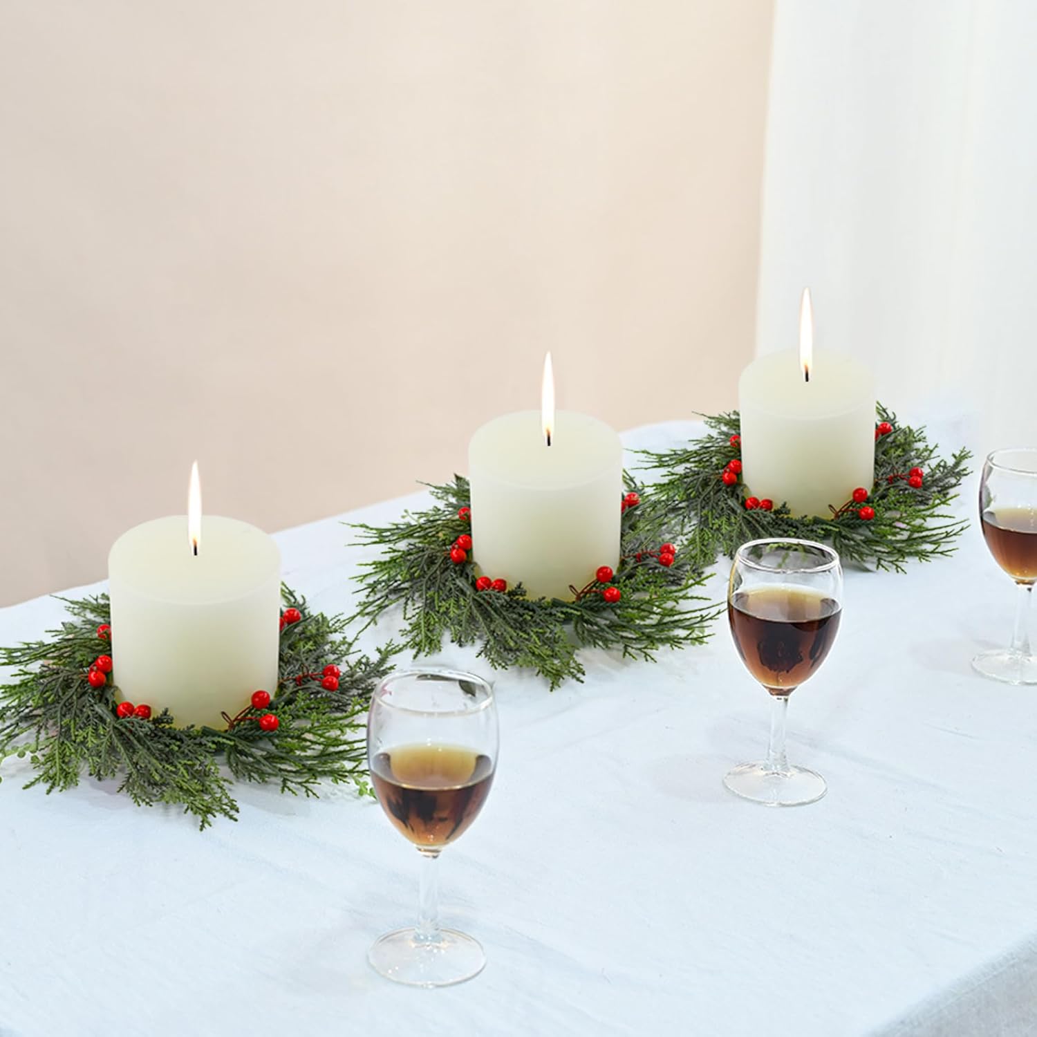 Regine Switzerland Christmas Candle Rings - 4 PCS Artificial Berries & Pine Needles Wreaths for Home Decor
