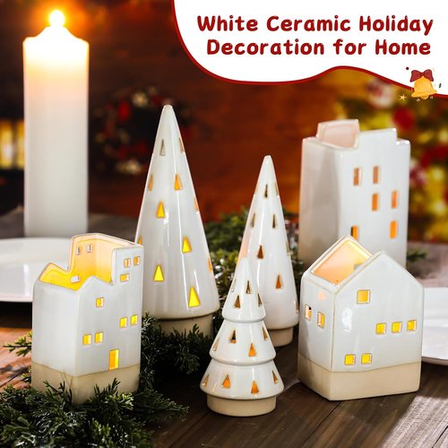 Beeveer Christmas Ceramic Buildings Decoration Set - 6 Pcs Tealight Candle Holders | 4.4" to 9.4" Winter Village Centerpiece