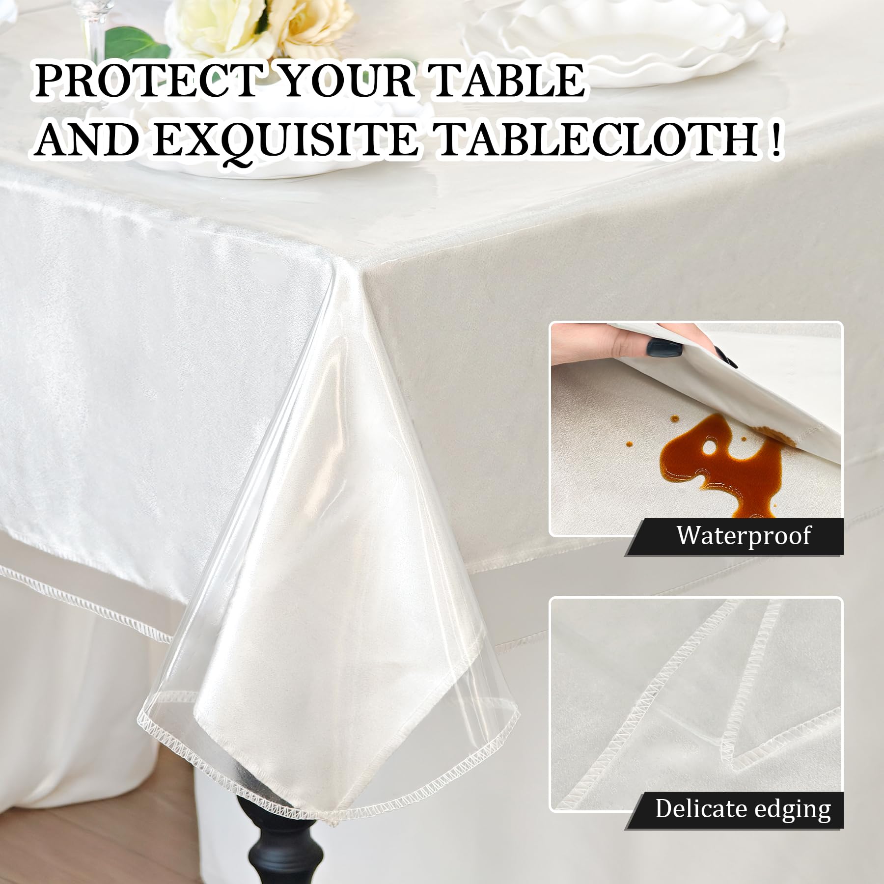 Clear Plastic Table Cover Protector 100% Waterproof Tablecloth Vinyl Rectangle Table Cloth Protector Crystal Clear Plastic Tablecloth Cover for Dining Tables Parties Camping 55" x 70" ,4-6 Seats