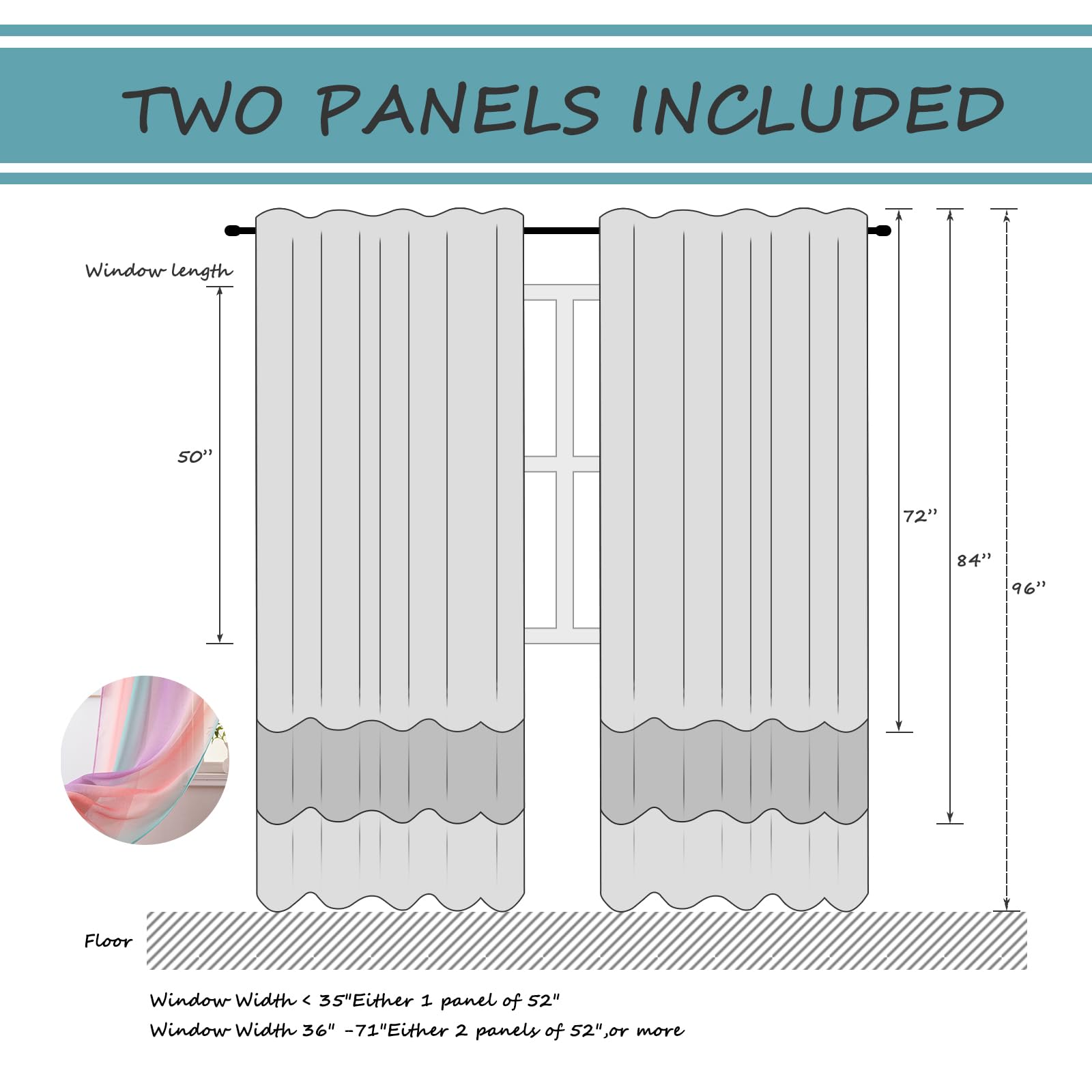 Yancorp Sheer Curtain 2 Panels Semi Bedroom Curtains 63 inches Length Linen Ombre Curtains Rod Pocket Drapes Girls Living Room Mermaid Bedroom Nursery Kids Window Decor(Green Pink Purple, 52"x63")
