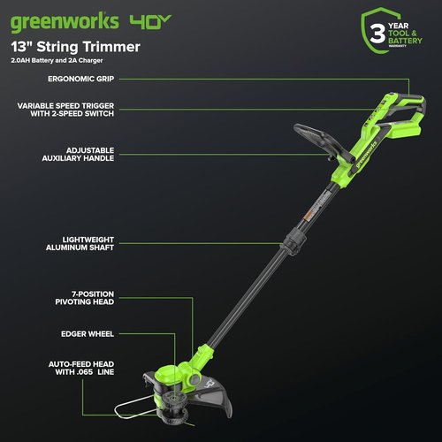 Greenworks 40V Cordless String Trimmer & Edger - 13" Cutting Width, 20 Blades, 2.0Ah Battery & Charger Included
