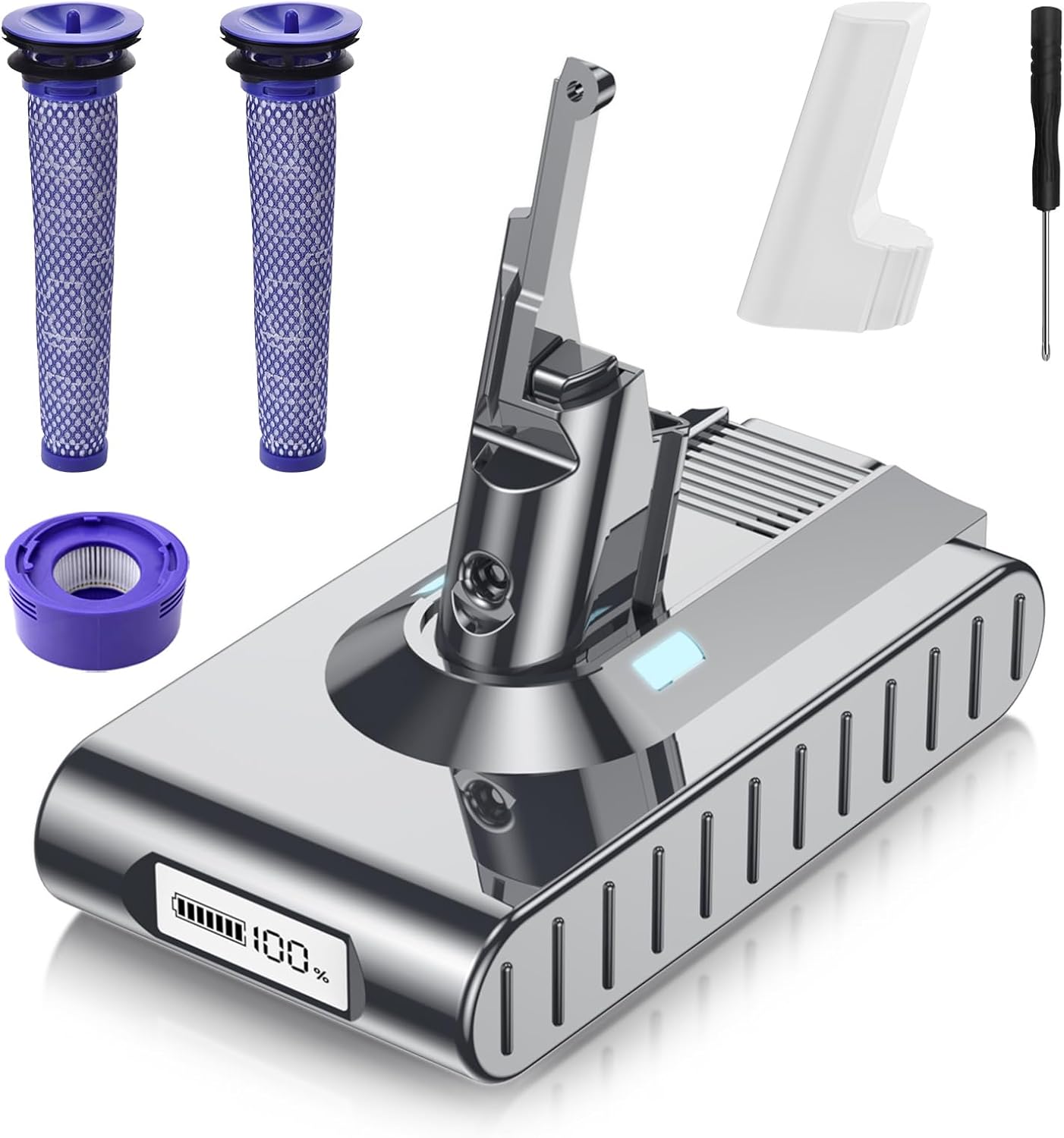 POWTREE 8000mAh Battery Replacement for Dyson V8 | Includes 2 Filters & 3 Screws - Compatible with Motorhead, Absolute, Fluffy