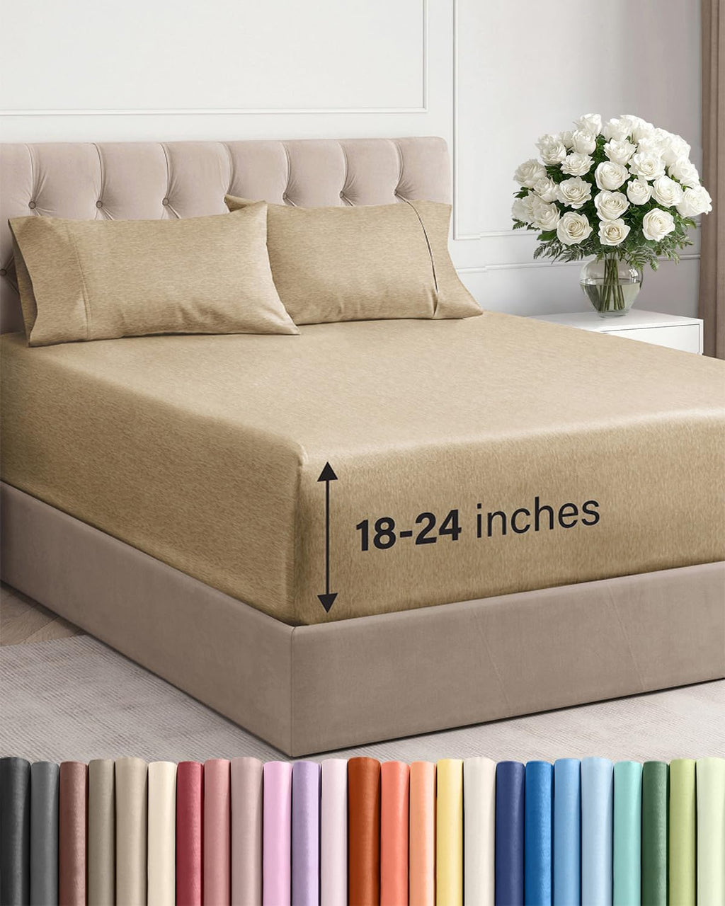 Skiennix Extra Deep Twin XL Sheet Set - 4 Piece Breathable Cooling Bedding - Soft Wrinkle-Free Heathered Tan