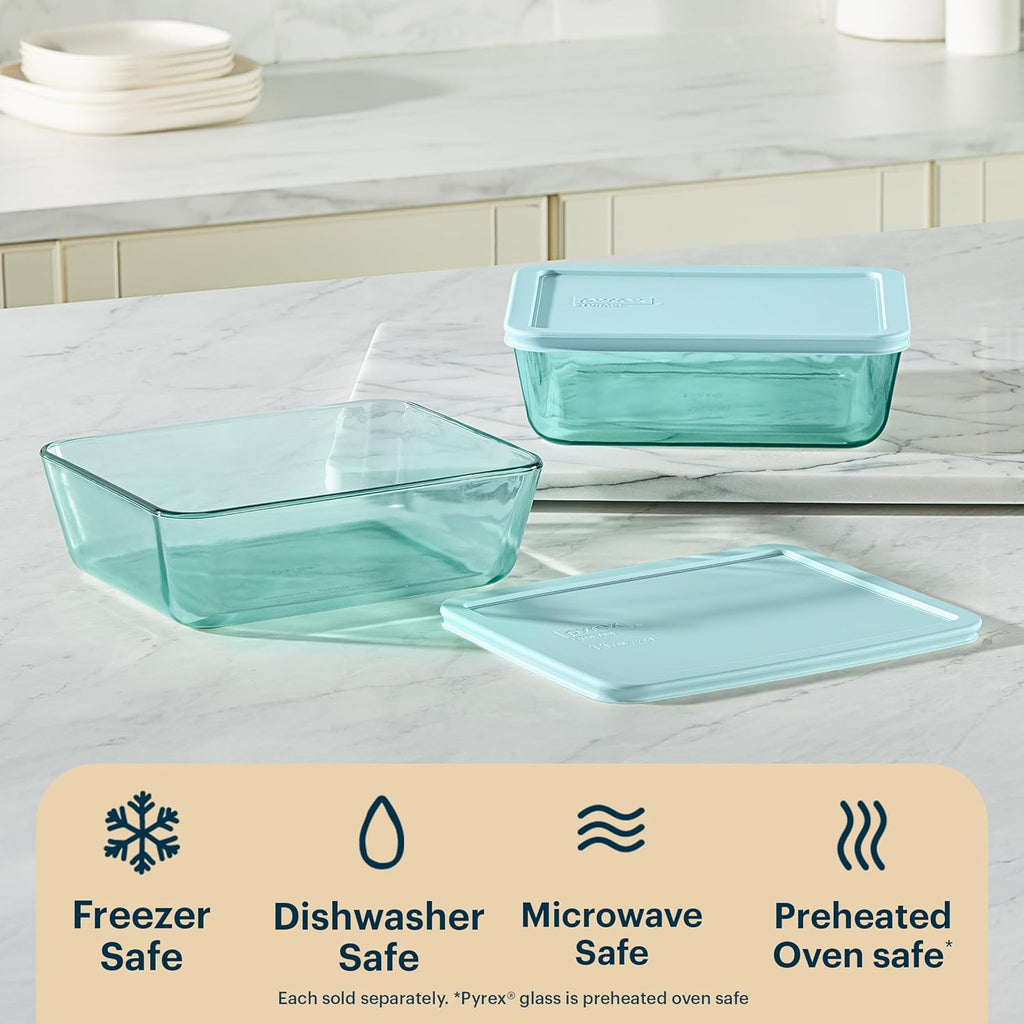 Pyrex Colors Tinted Glass Food Storage Container - 11 Cup, BPA-Free Lids, Aqua | Microwave & Dishwasher Safe