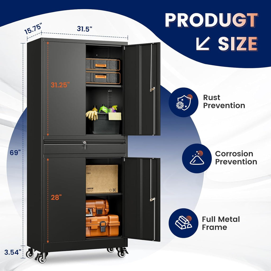 Yizosh Metal Garage Storage Cabinet - Locking Doors & Adjustable Shelves | 73" Rolling Tool Cabinet (Black)