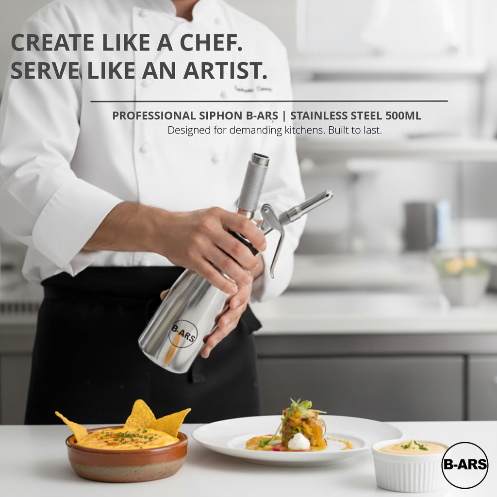 B-ARS Stainless Steel Whipped Cream Dispenser 500 ml Professional Siphon for Fresh Desserts Coffee Mousse Sauce with Nozzles Brush Recipe eBook Reusable Cream Maker for Barista Catering and Chefs Tool