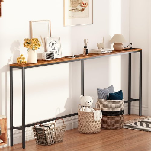 Bathola Narrow Sofa Table with 2 Power Outlets, 79” Thin Console Tables Narrow Long, Behind Couch Table Skinny, Wood Console Tables for Entryway, Living Room, Hallway, Foyer, Rustic Brown