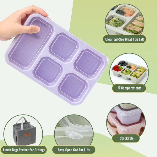 Snuvid 4-Pack Bento Box Adult with Lunch Bag, 5 - Compartment Snack Containers, Reusable Snackle Box with Lids, Meal Prep Containers for Work, Travel and Camping