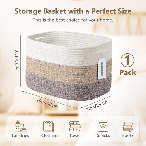 ECDYQXVU Cotton Rope Storage Basket - Woven Organizer for Shelves, Clothes, Towels | 15x10x9 Inches, White Brown