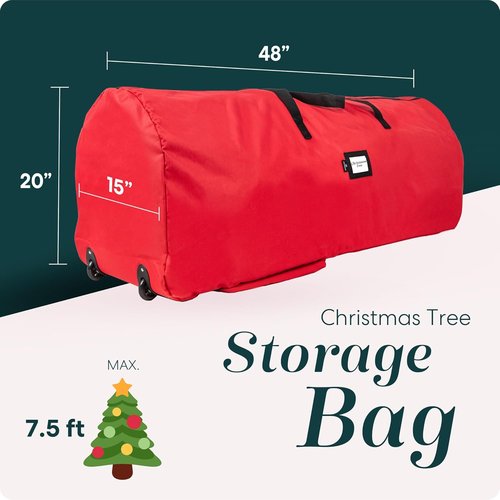 Handy Laundry Christmas Tree Storage Bag with Wheels - Heavy Duty Zippered Container for 7.5 ft Trees, Red