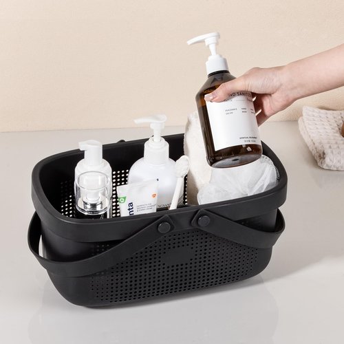 JiatuA Plastic Storage Basket with Handle Portable Shower Caddy Tote Organizer Basket Bin for Bathroom Kitchen Dorm Room Bedroom, Black