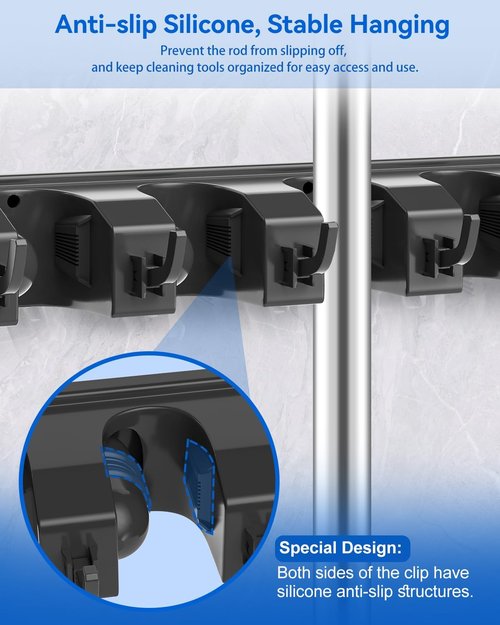 AceMining Broom Holder - Wall Mounted Storage with 5 Holders & 6 Hooks | Durable ABS Plastic, Black