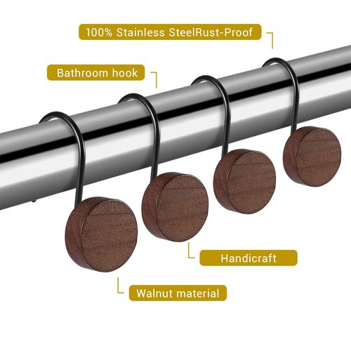 Akimomaty Walnut Wood Shower Curtain Hooks with Black Metal Rings, Set of 12 Decorative Hardware for Bathroom Rods