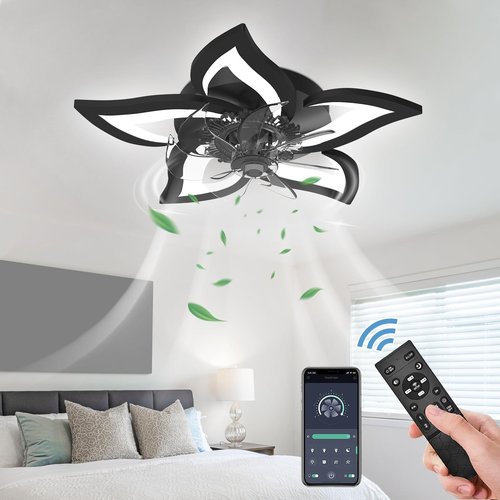 GooComfy Dimmable Ceiling Fan with Light and Remote Control, 27" Small Flush Mounted Ceiling Fan with Led Lights, APP and Remote Controlled, Modern, Black, Upgraded