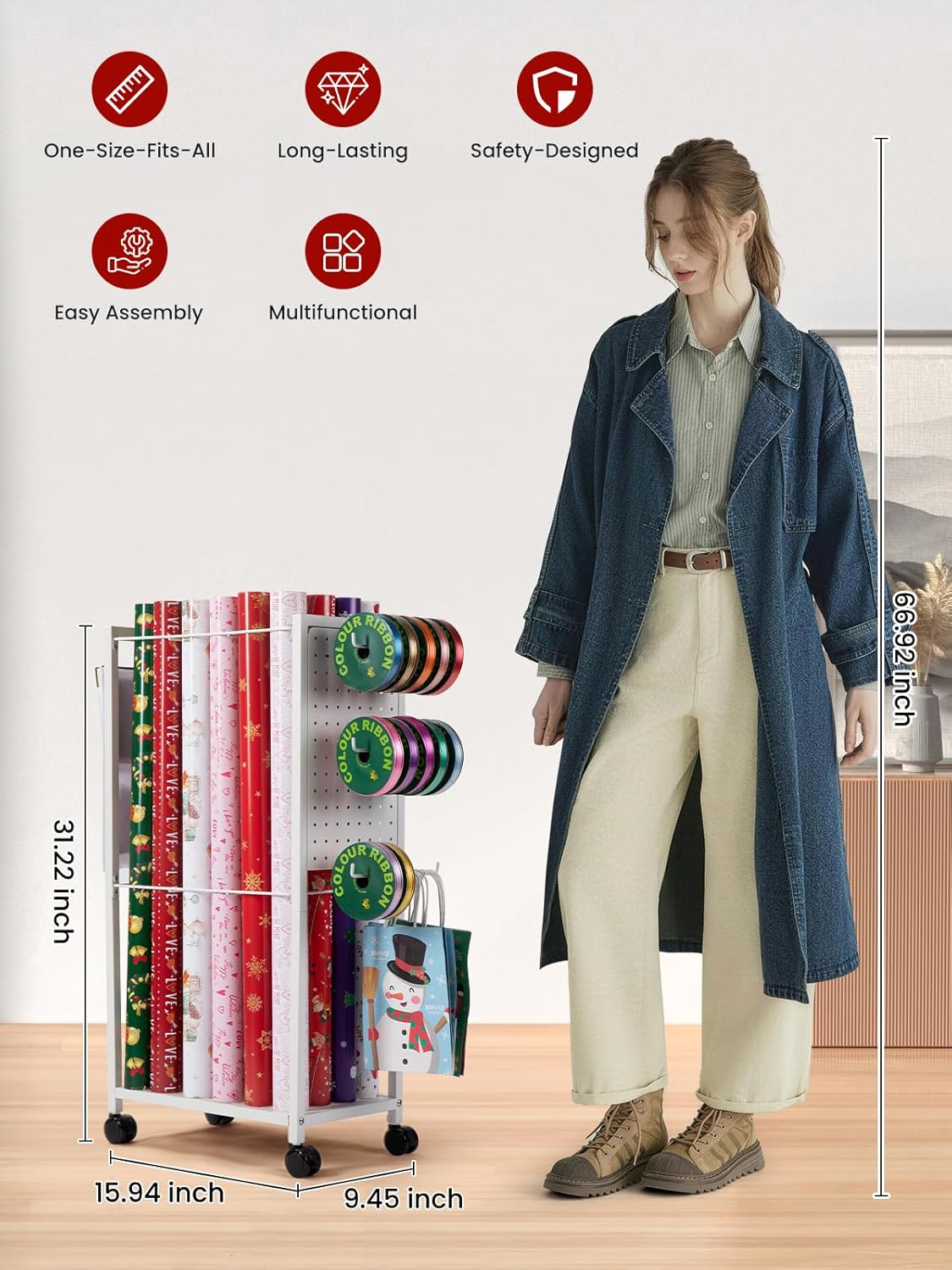 Wrapping Paper Cart - Gift Wrap Organizer with Ribbon Storage | 12 PCS Slap Bracelets Included