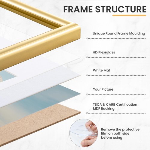 FLYJOE 9x12 Picture Frame, Display Pictures 6x8 with Mat or 9x12 Without Mat, Wall and Tabletop Display Photo Frame, Gold, 1 Pack