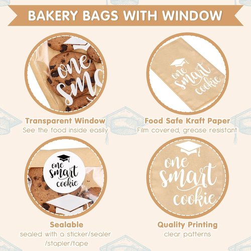 FYSUIMU Bakery Bags - 100 Pcs Graduation Kraft Paper Treat Bags with Window & Stickers | Perfect for School Parties